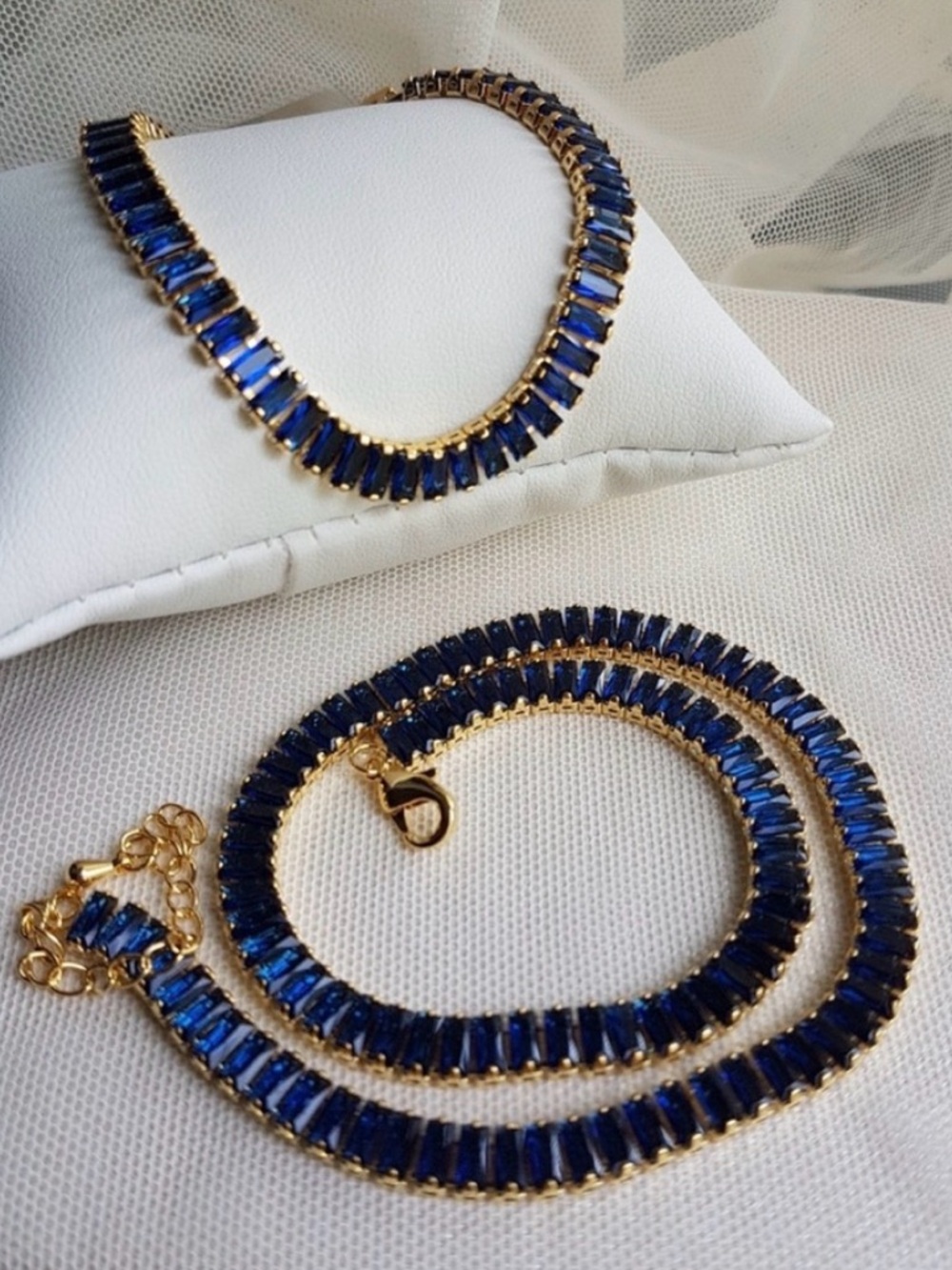Swarovski Elements Gold Sapphire Blue Emerald-cut Baguette Tennis Bracelet NEW